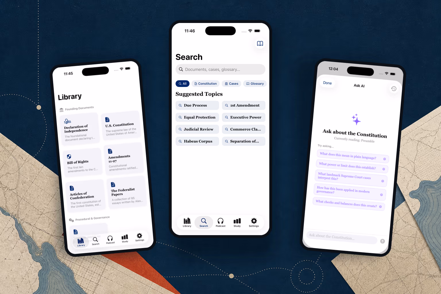 The Constitution App library, civic-place search, and Ask AI screens